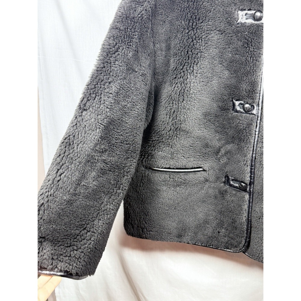GAP Recycled Sherpa Vegan Leather Trim Jacket Womens L Black Cozy Coat - Picture 6 of 15